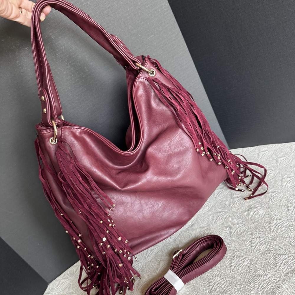 Large Burgundy Genuine Leather Purse Tote Bag Studded ~ Suede Fringe